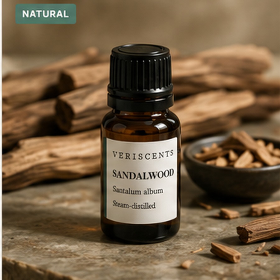 Sandalwood essential oil in an amber Veriscents bottle